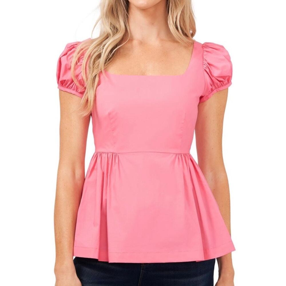 CeCe Peplum Puff Sleeve Poplin Cotton Top in Cupid Pink Size Medium